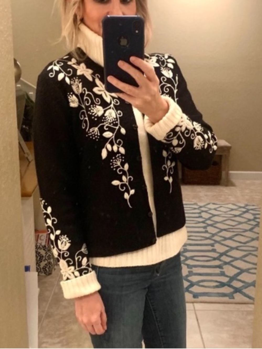 Black Wool Embroidered Cardigan White Floral